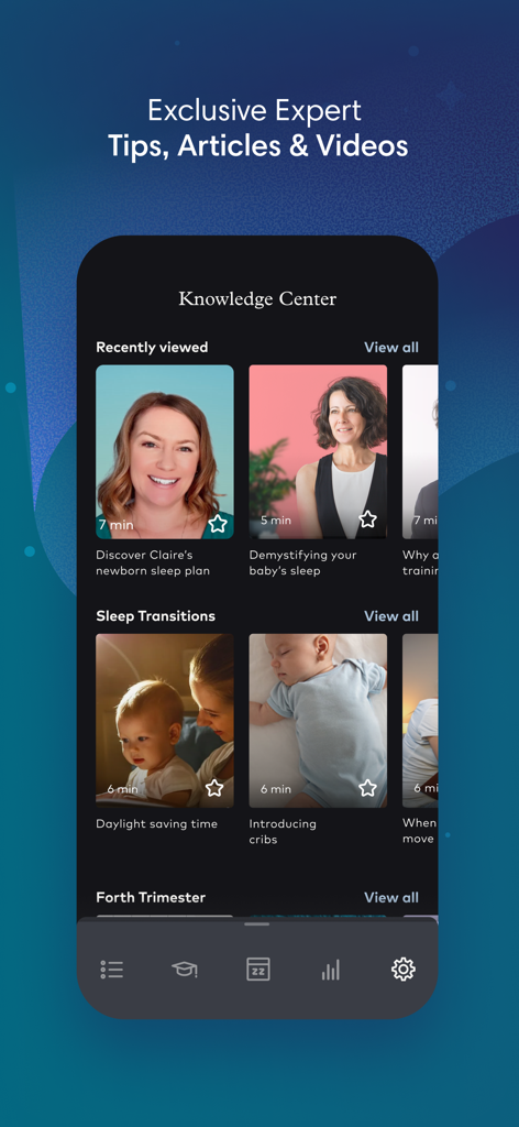 Knowledge Center screen in the Smart Sleep Coach by Pampers app featuring expert baby sleep tips and instructional videos.