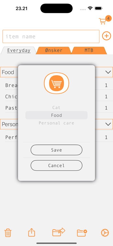 Dosmo - Dosmo app interface showing a category selection popup on a multi-tab grocery list