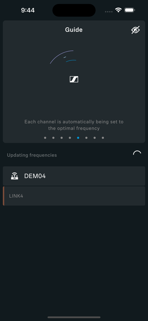 Smart Assist - The Sennheiser Smart Assist app interface showing the automated frequency allocation process for a wireless system