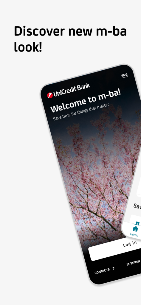 m-ba - Welcome screen of the UniCredit Bank m-ba mobile app featuring a cherry blossom background.
