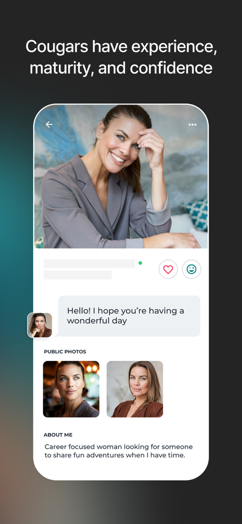 Cougar Life: Cougar Dating App - Un perfil de usuario en la aplicación de citas Cougar Life mostrando a una mujer segura y madura.