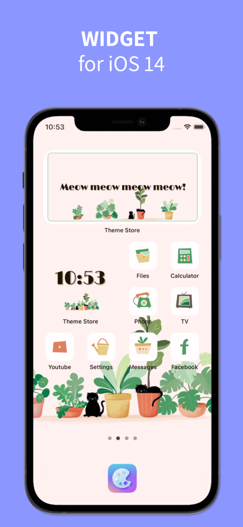 Theme Store: widget changer - Tela inicial estética do iOS com widgets e ícones temáticos de gato e planta