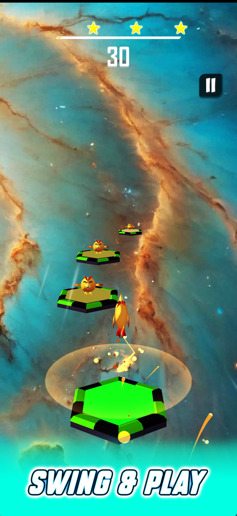 Music Games - Piano Beat Games - A golden character bouncing on green music tiles against a vibrant cosmic nebula background with the text Swing and Play