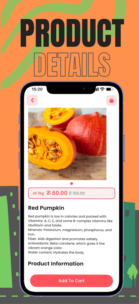 Delli Drop - Produktdetailseite für rote Kürbis in der Delli Drop App mit Nährwertangaben und Preis.