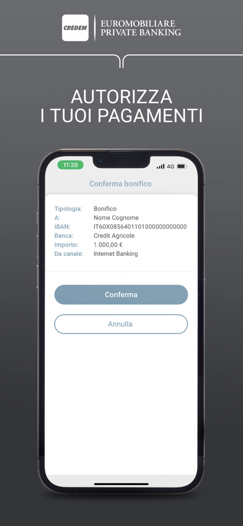 Business On App - Écran d'autorisation de virement dans l'application Business On pour Credem Euromobiliare Private Banking.