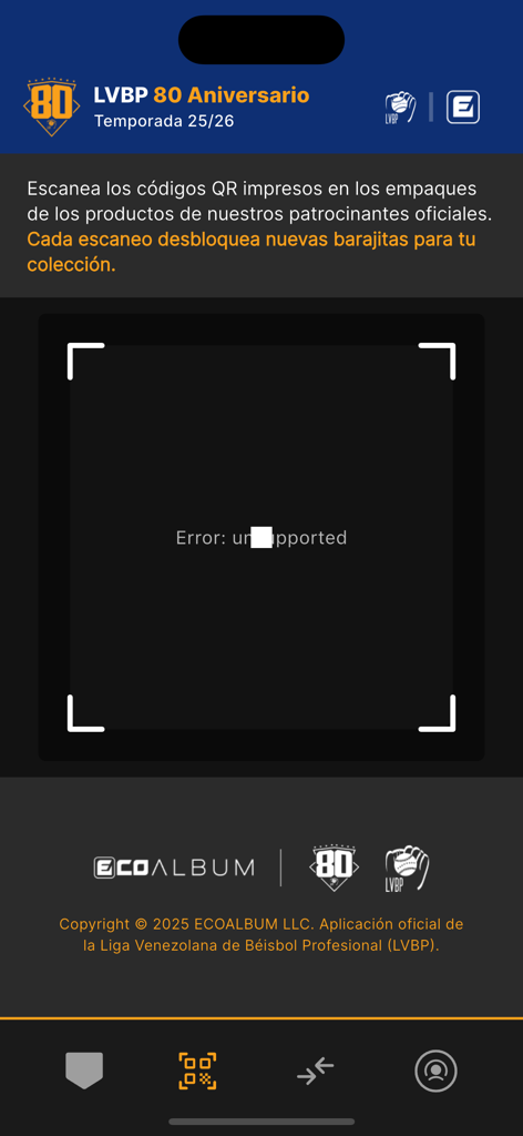 LVBP 80 - La pantalla del escáner de códigos QR dentro de la aplicación de béisbol LVBP 80 utilizada para desbloquear cartas coleccionables digitales de patrocinadores oficiales.