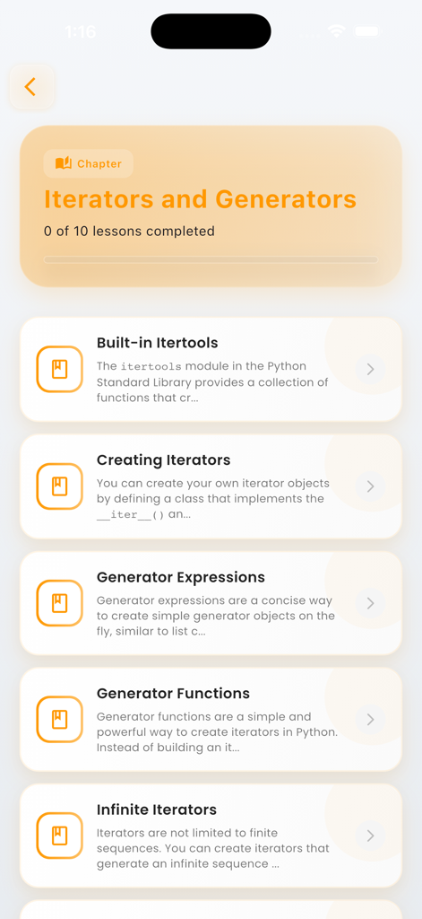 Mobile app interface showing a list of lessons for the Iterators and Generators chapter in a Python learning course.