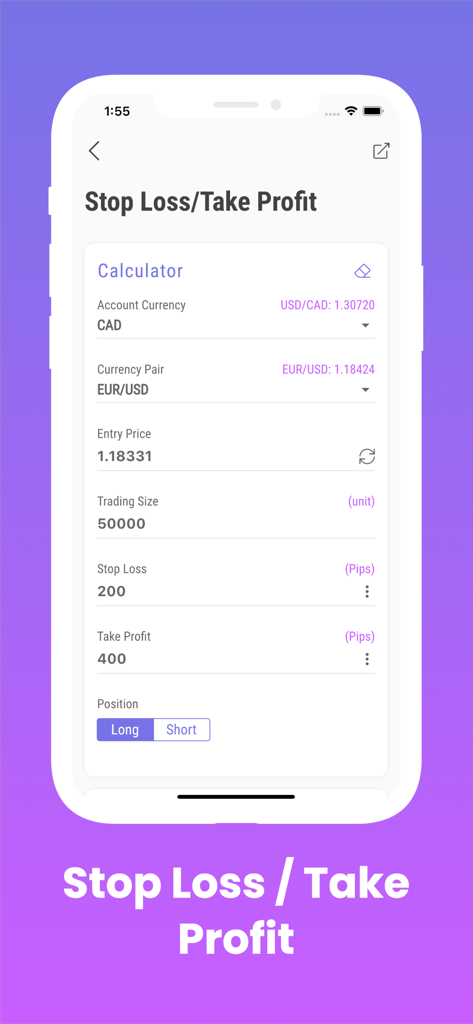 Mobile App-Oberfläche, die den Stop-Loss- und Take-Profit-Rechner für den Forex-Handel zeigt