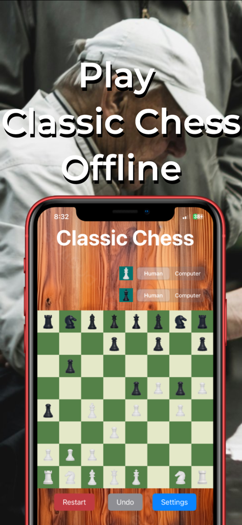 Smartphone screen displaying the Classic Chess board game interface with a green and white checkered board