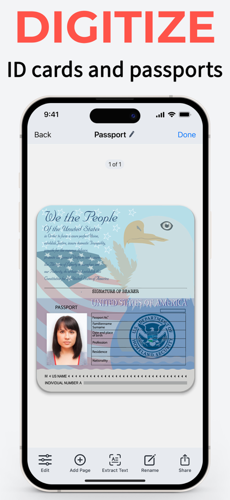 DocScan – PDF Document Scanner - DocScan app interface on iPhone showing a digitized US passport scan.