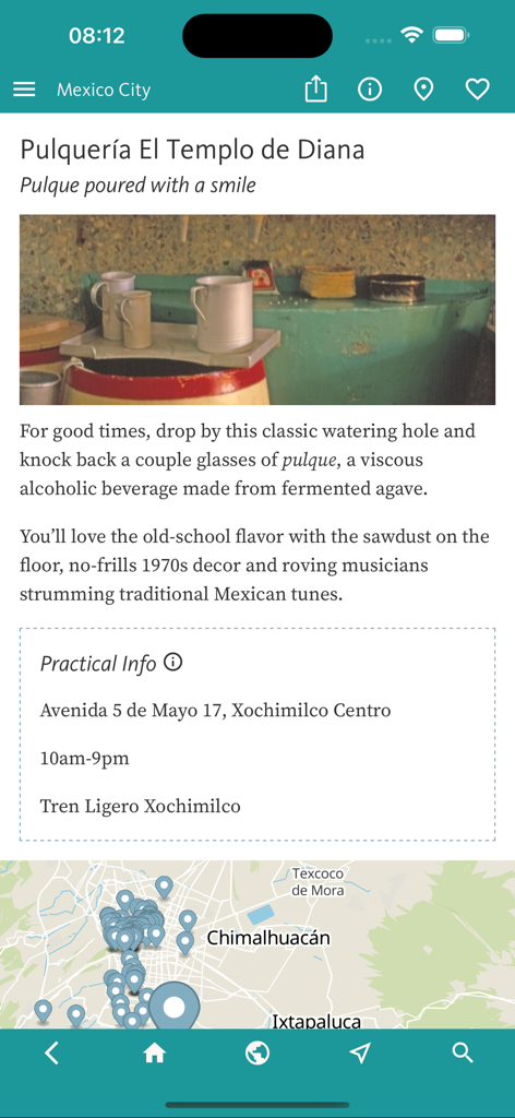Mexico City’s Best: Trip Guide - Detailed listing for Pulqueria El Templo de Diana in the Mexico City travel app showing description, address, and map.