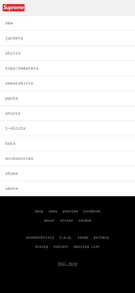 Minimalist navigation menu of the Supreme mobile app showing clothing categories like jackets, shirts, and sweatshirts.