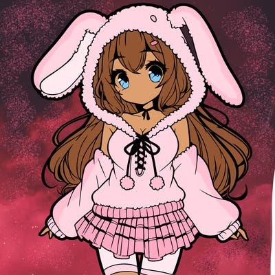 pretty anime girl wearing a fluffy hoodie with bunny ears on the hood and a skirt