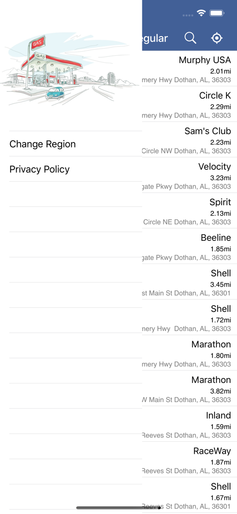 Uma lista de postos de gasolina próximos com distâncias e endereços no aplicativo Gas Prices Near You