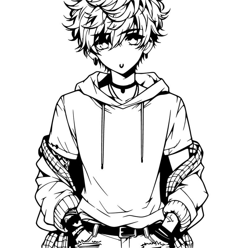 anime bad boy with messy hair and ripped jeans realistic, ear piercing and lip ring