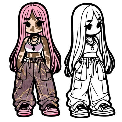 girl in baggy pants crop top and long hair