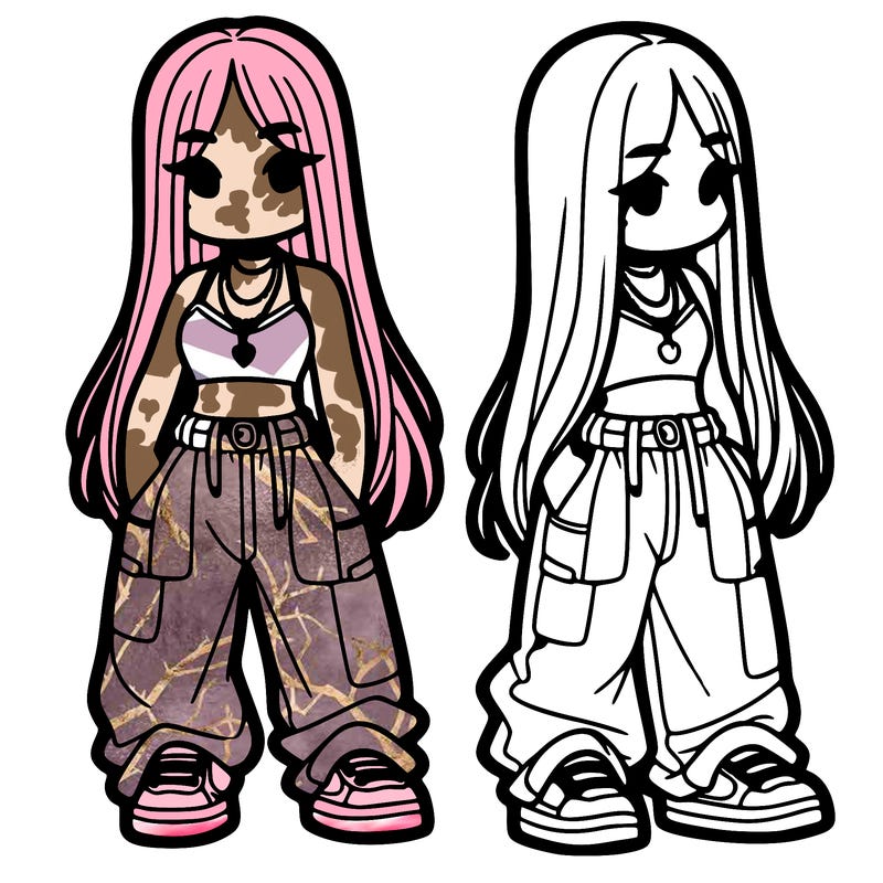 girl in baggy pants crop top and long hair