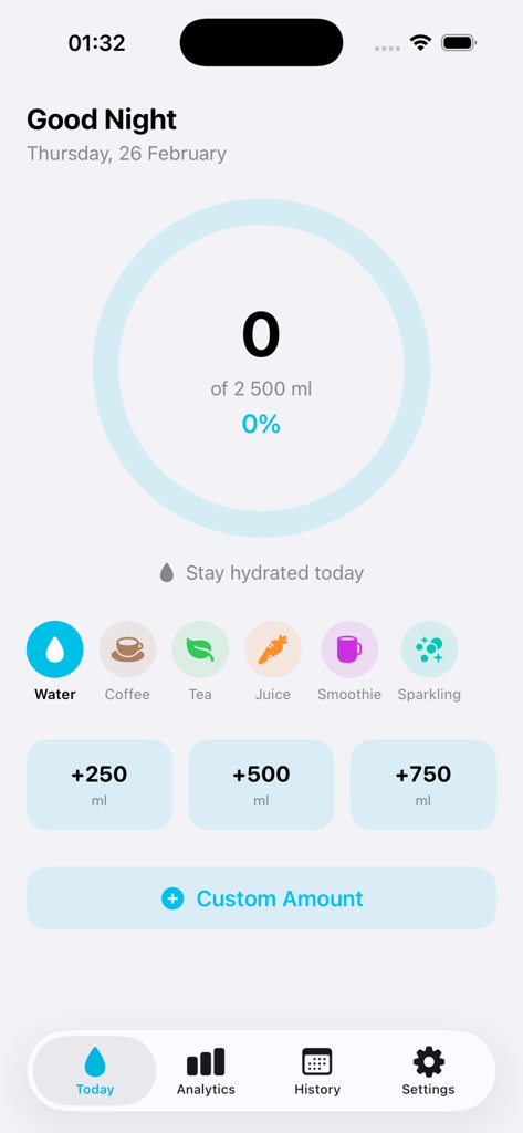 Drink Water Hydration Log App - Pantalla principal de la app de registro de hidratación que muestra el progreso diario y las categorías de bebidas