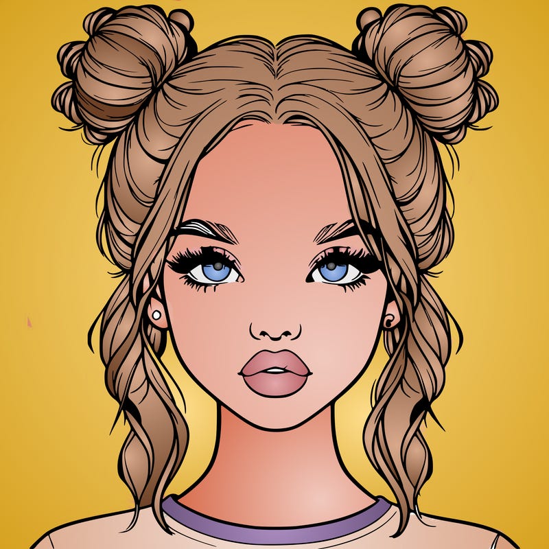 realistic girl with two buns in hair and lips