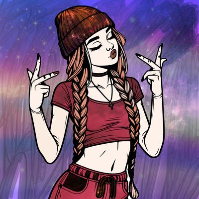 realistic teenage girl with braids and a beanie and crop top doing 🫶🏼