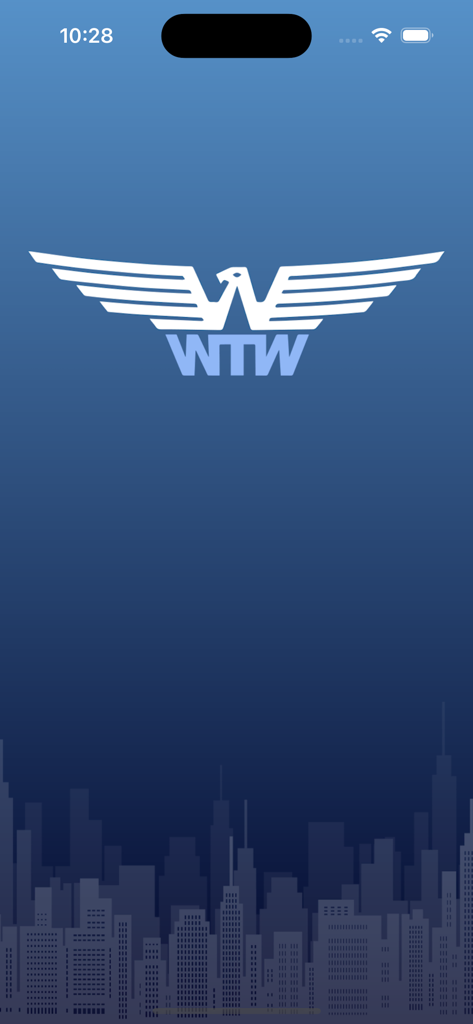 WTW-EAGLE VIP - WTW-EAGLE VIP app splash screen with white eagle logo and city skyline silhouette on a blue background