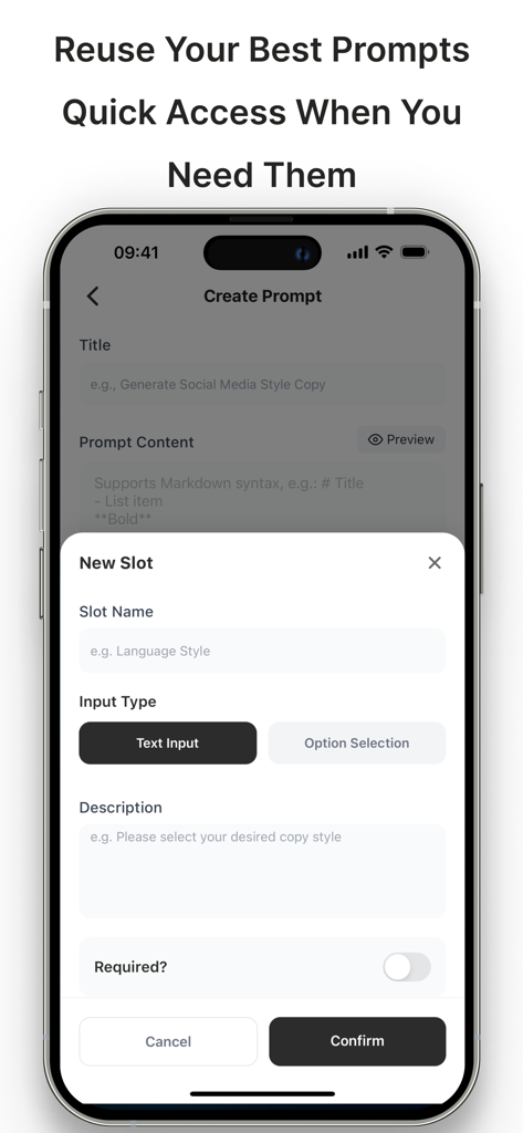 Interface of My PromptHub app showing the creation of a new variable slot with text input and option selection for AI prompts