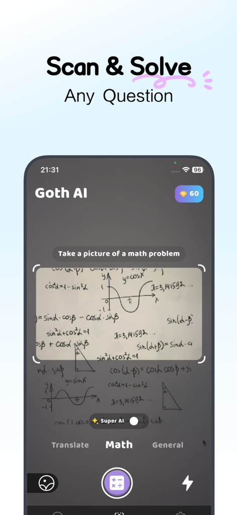 Goth AI - Math Problem Solver - A screenshot of the Goth AI app interface showing the scan and solve feature with handwritten math equations.