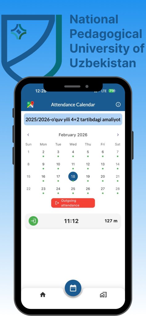 NPUU Internship - Pantalla del calendario de asistencia de la aplicación NPUU Internship que muestra los registros de asistencia mensuales del estudiante