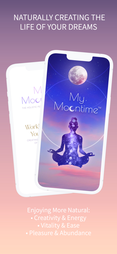 Pantallas de la aplicación My Moontime que muestran una silueta de meditación con chakras y un fondo de luna llena para un seguimiento holístico del ciclo.