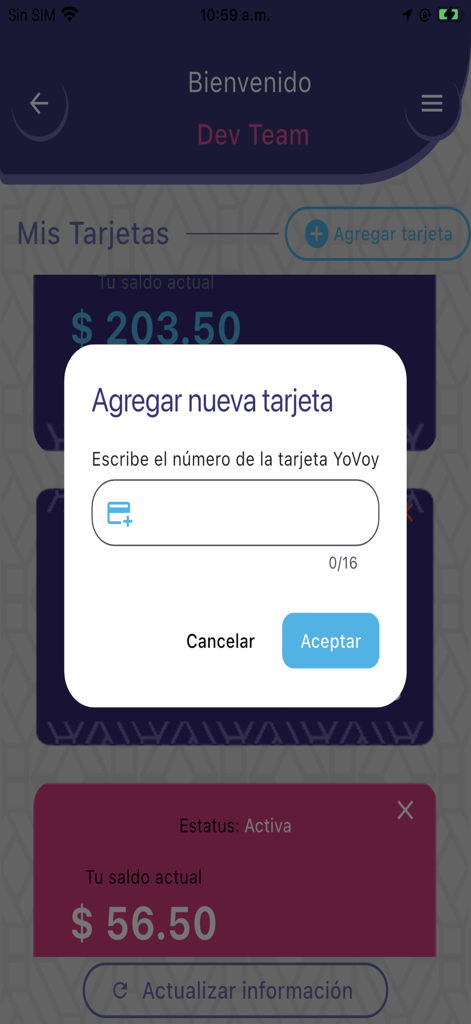 Yovoy StopBus - Ventana emergente en la aplicación Yovoy StopBus solicitando un nuevo número de tarjeta de tránsito con saldos de tarjetas existentes que se muestran en el fondo