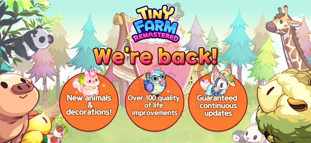 Tiny Farm Remastered promotional banner with cute animals and list of new game improvements