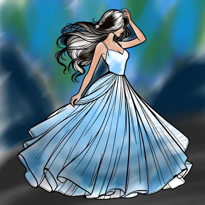 realistic woman with dress flowing in the wind