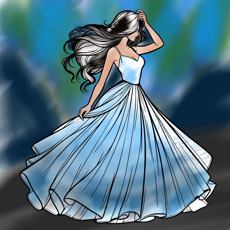 realistic woman with dress flowing in the wind