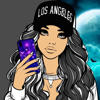 realistic beautiful girl wearing los ángeles cap holding an iphone