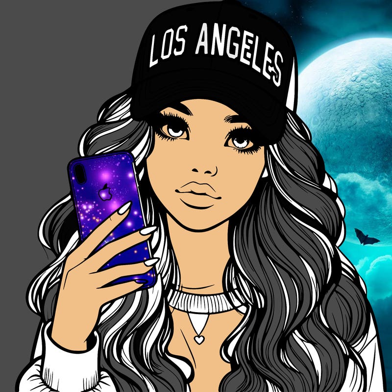 realistic beautiful girl wearing los ángeles cap holding an iphone