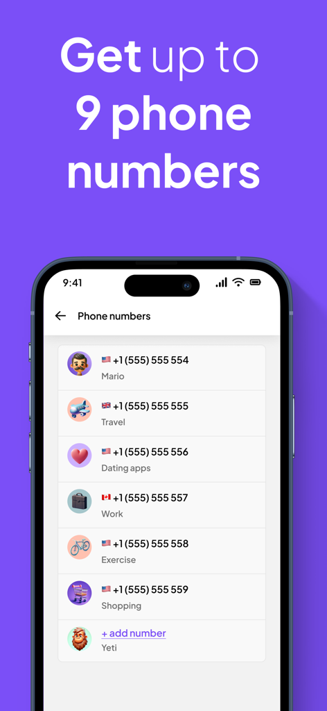 MySudo app interface showing a list of various virtual phone numbers assigned to different identities such as work, dating, and shopping.