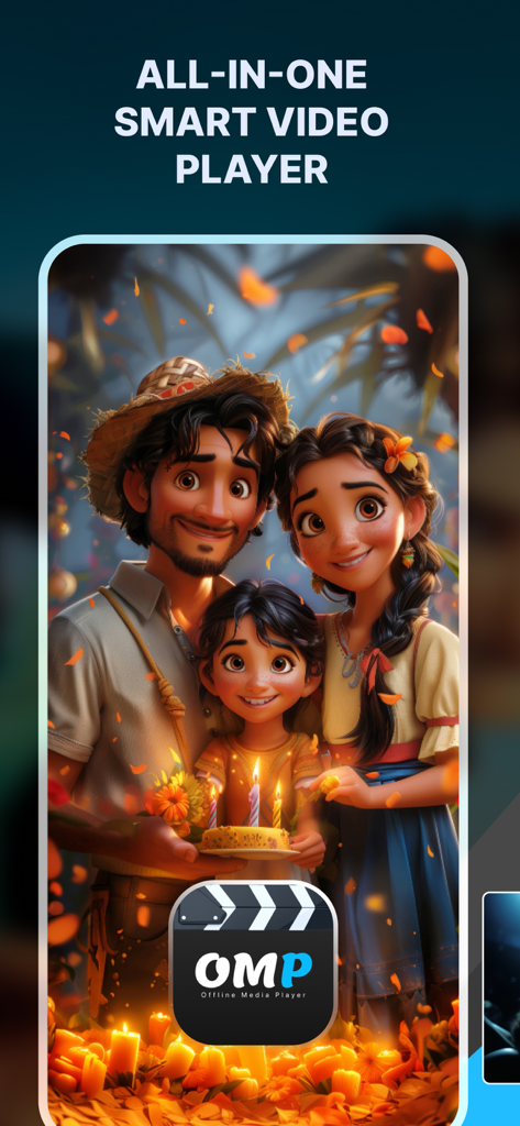 OMP - Offline Media Player - All-in-one smart video player interface for OMP Offline Media Player app showing animated family video