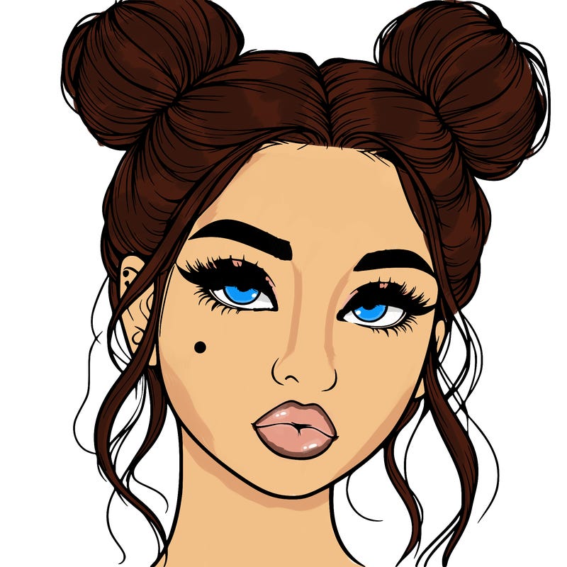realistic girl with two buns on her hair and lips