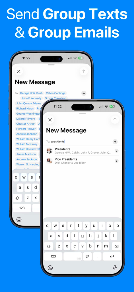Contacts Sync: Google & More - 同期された連絡先グループを使用してグループテキストやメールを送信する機能を示すiPhone画面。
