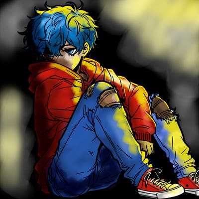 a male hoddie ripped jeans messy hair anime