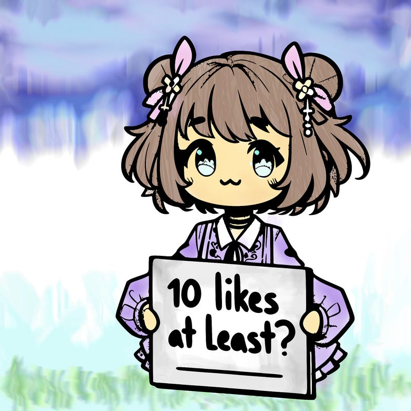 a cute anime girl holding a sign that says,” 10 likes at least?