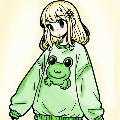 girl wearing frogging sweatshirt