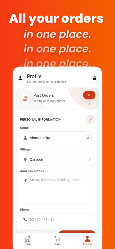QEats - QEats mobile app profile page showing user personal details and past orders history