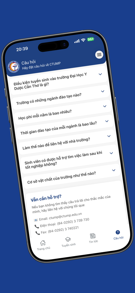 FAQ screen for Can Tho University of Medicine and Pharmacy app.
