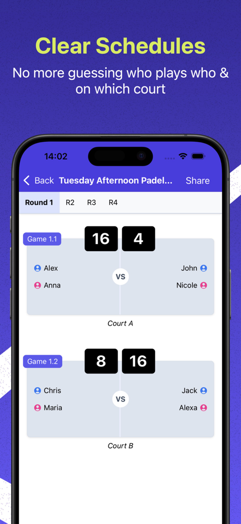 Schermata dell'app mobile che mostra un programma del torneo di Padel con accoppiamenti di partite e punteggi su più campi