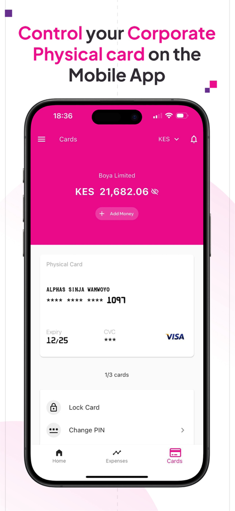 Boya - Interfaz de la aplicación móvil Boya para gestionar y controlar una tarjeta física corporativa, incluyendo opciones para bloquear la tarjeta y cambiar el PIN.