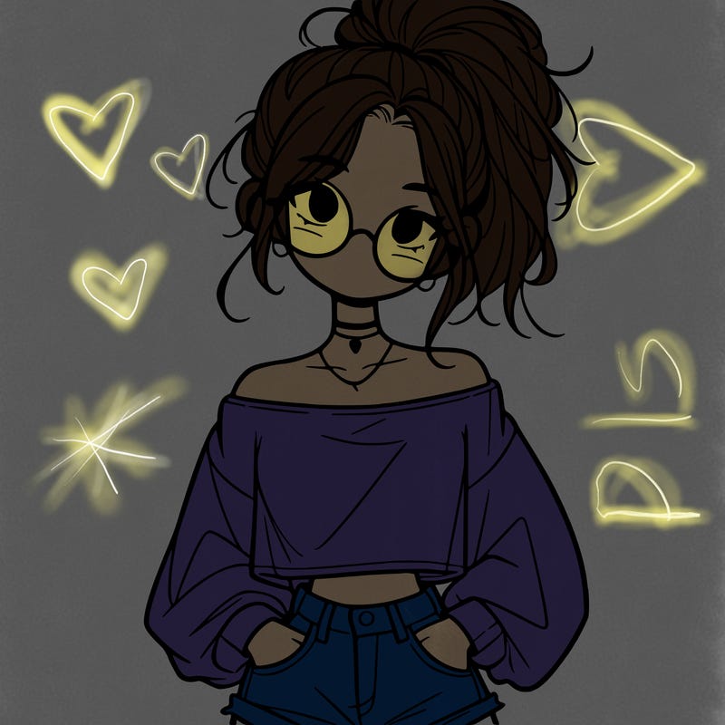 girl with a messy ponytail glasses a baggy crop top and jean shorts