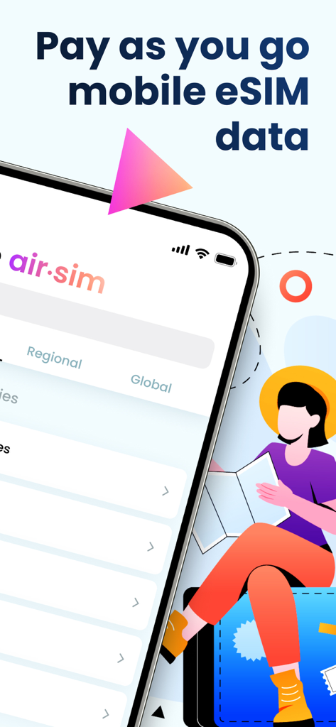 Air Sim app interface displaying pay as you go mobile eSIM data options for international travelers
