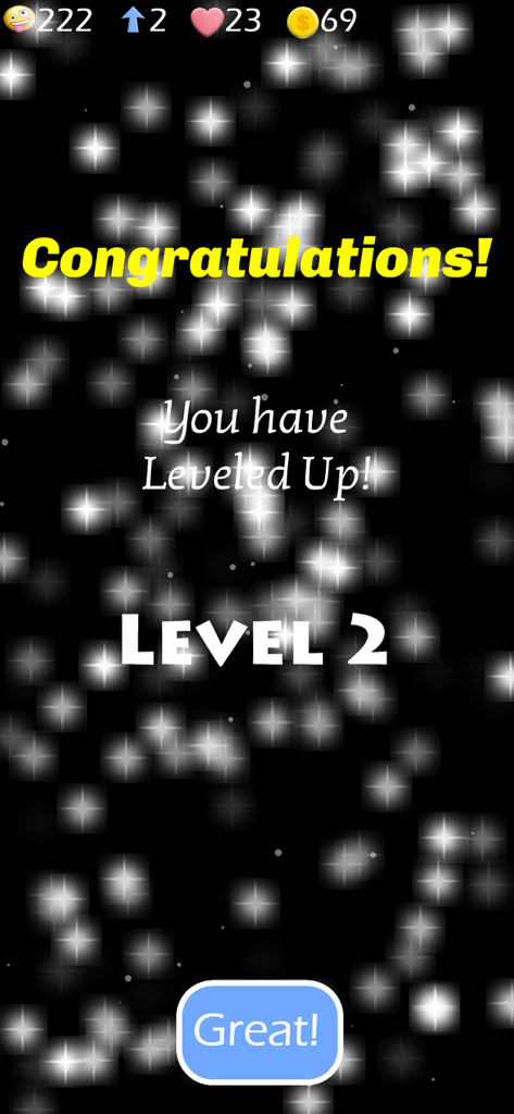Jesus Bible Trivia Games Quiz - Level up screen in the Jesus Bible Trivia game showing Level 2 achievement with congratulations message and sparkle background