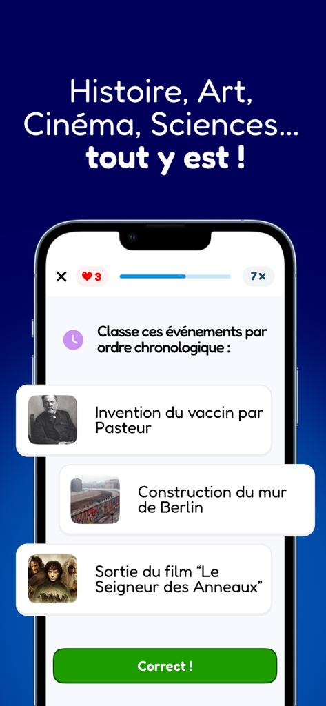 Sapio - Culture Générale - Sapio mobile App-Oberfläche, die ein chronologisches Quiz mit Fragen zu Geschichte, Wissenschaft und Kino zeigt